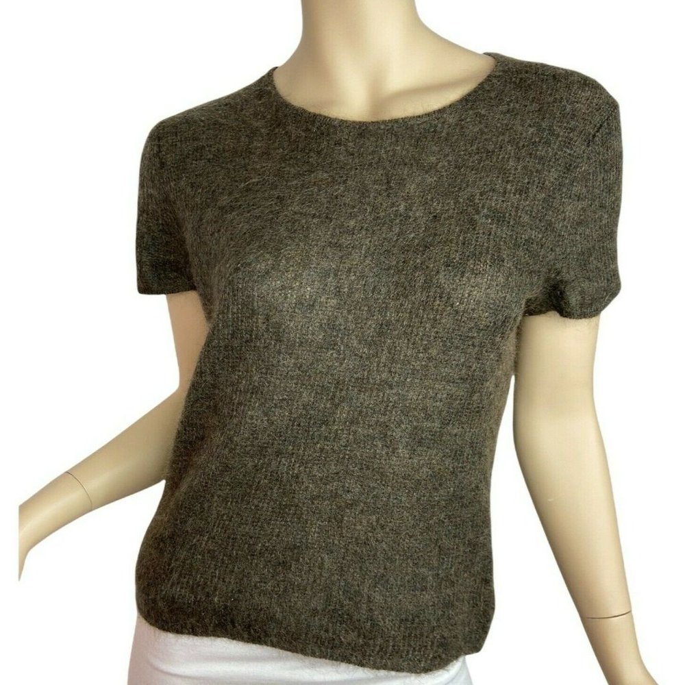 Vintage Anne Klein Sweater Top Fuzzy Knit Crewneck Short Sleeve Brown Small